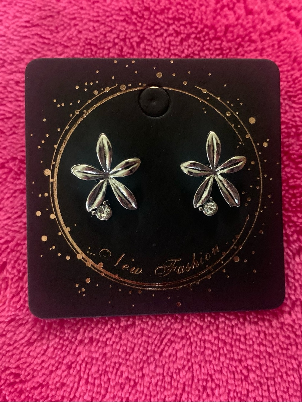Silver Floral Petal Stud Earrings with Crystal Accent